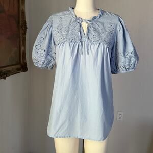 Cotton Eyelet Prairie Peasant Top Puff Sleeve Blue Romantic Cottagecore Blouse M